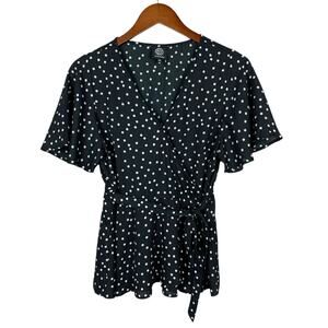 Bobeau Polka Dot Blouse Faux Wrap Short Sleeve Black White Tie Waist Women's L